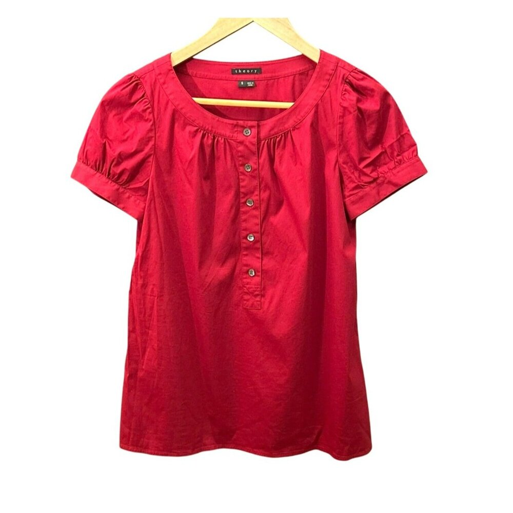 Theory Women's Red Puff Sleeve Button Up Blouse Size Small Classic Minimalist